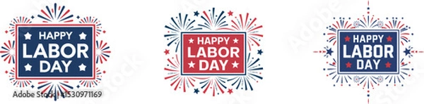 Obraz Happy Labor Day Fireworks Vector Set – Patriotic Red and Blue Typography Emblems