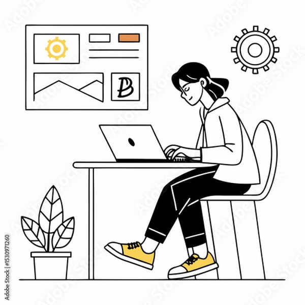 Fototapeta Woman create brand. Young girl with laptop developing brand for company. Graphic designer and freelancer at work. Branding, logotype and emblem creation. Flat vector .