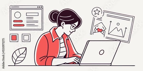 Fototapeta Woman create brand. Young girl with laptop developing brand for company. Graphic designer and freelancer at work. Branding, logotype and emblem creation. Flat vector .