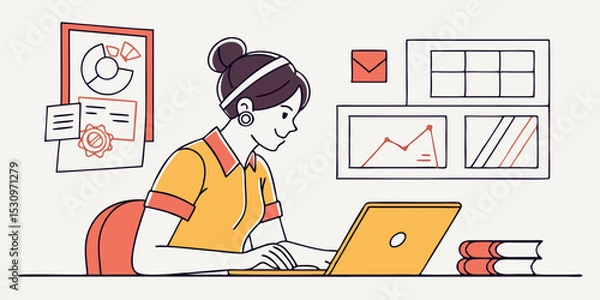 Fototapeta Woman create brand. Young girl with laptop developing brand for company. Graphic designer and freelancer at work. Branding, logotype and emblem creation. Flat vector .