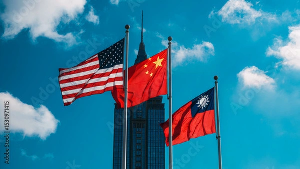 Fototapeta American, Chinese, and Taiwan Flags Flying Together with Skyscraper in Background