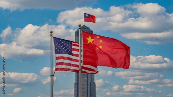 Fototapeta American, Chinese, and Taiwanese flags fly together against a partly cloudy sky.
