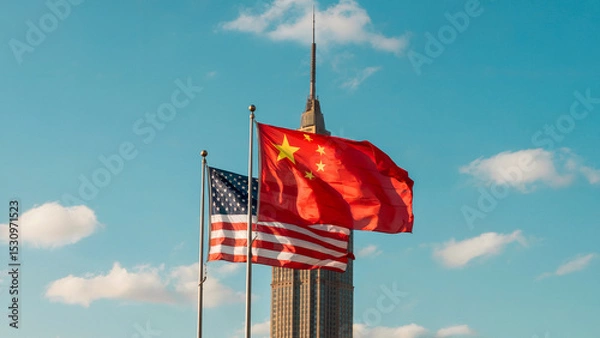 Fototapeta Flags of America and China Against Skyline Featuring Iconic Skyscraper