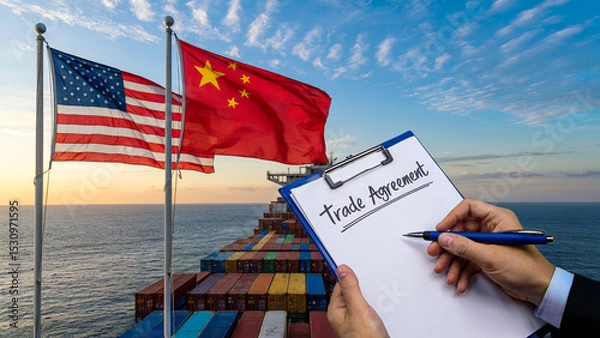 Fototapeta Maritime Trade Concept with US and China Flags, Clipboard Notes, and Stacked Containers on Ship