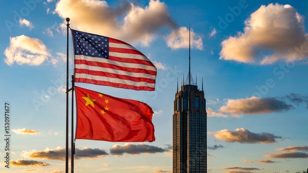 Fototapeta US and China Diplomatic Flags in Front of Tall Urban Tower and Clear Sky