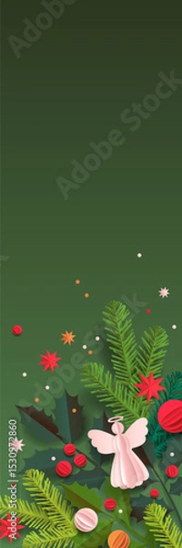 Fototapeta Paper cut template. Vertical Christmas vector greeting card. Christmas tree, balls, and a decor isolated on a green background. Winter frame for holidays with place for text.

