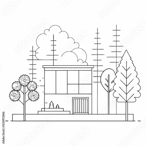 Obraz Architectural drawings in a minimal style featuring CAD tree line illustrations. Includes side view, plan view, and section view of forest outlines, designed as landscape design symbols. Vector Art