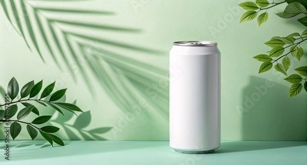 Fototapeta White Beverage Can on Green Background with Leaves Minimal Refreshing Drink Mockup for Juice, Soda, or Sparkling Water Branding