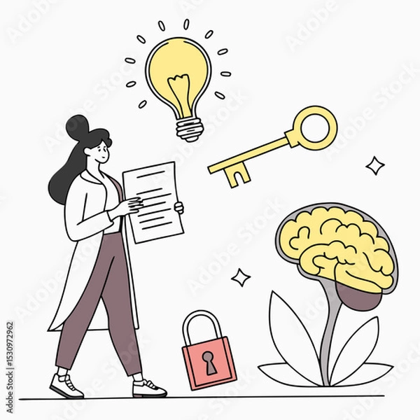 Fototapeta Woman holding key and certificate near brain, lightbulb, images, and lock with abstract background. Concept of intellectual property and creativity. Vector .