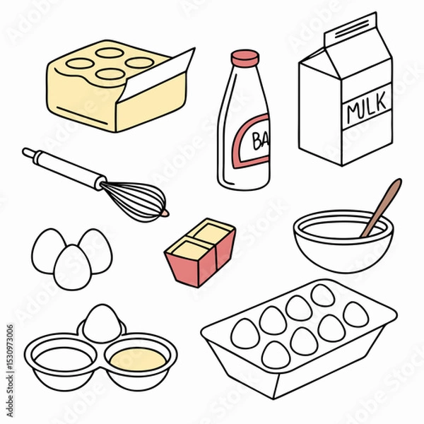 Fototapeta Baking ingredients icons set. Outline dough for muffins, pie or cookies from eggs and milk, butter and flour. Cookware and kitchenware. Linear flat vector collection isolated on white .