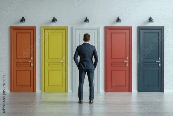 Obraz Businessman Facing Four Colorful Doors, Representing Choices and Opportunities