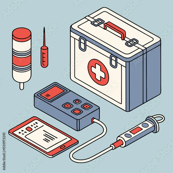 Fototapeta Medical equipment set. Collection of devices, graphic elements for website. Innovations and modern technologies, digital world. Cartoon isometric vector illustration isolated on blue .