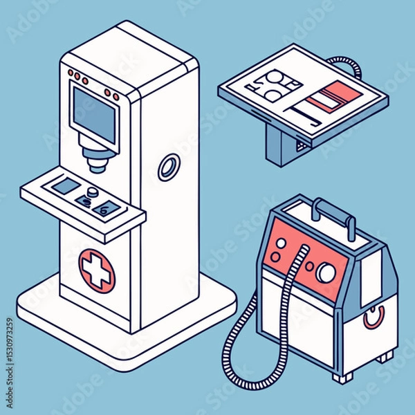 Fototapeta Medical equipment set. Collection of devices, graphic elements for website. Innovations and modern technologies, digital world. Cartoon isometric vector illustration isolated on blue .