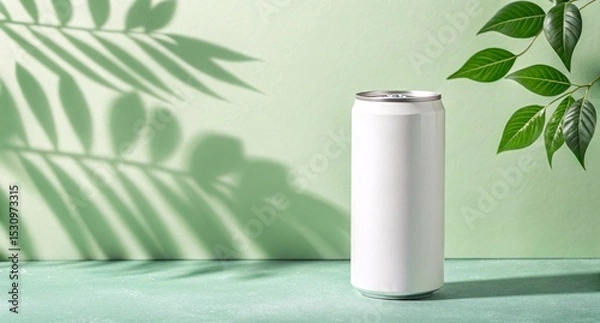 Fototapeta White Beverage Can on Green Background with Leaves Minimal Refreshing Drink Mockup for Juice, Soda, or Sparkling Water Branding