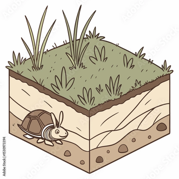 Fototapeta Under earth layer concept. Dirt with grass. Archeology and paleontology. Ground and soil, land. Graphic element for website. Cartoon flat vector illustration isolated on white .