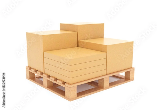 Fototapeta Product boxes on wooden pallets, manufacturing, export, industrial business, 3D rendering