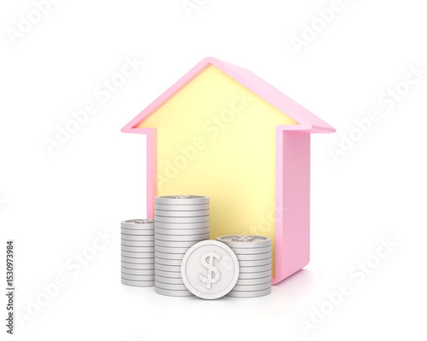 Fototapeta Home savings concept with house and coin stack on pastel background. 3d rendering.