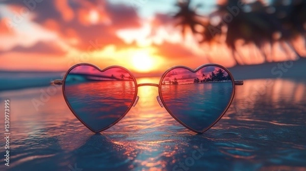 Fototapeta Heart-shaped sunglasses with tropical beach sunset reflection, placed on wooden table with dreamy blurred palm background. Romantic vacation concept