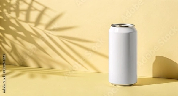 Fototapeta Minimal White Beverage Can on Yellow Background Refreshing Drink Packaging Mockup for Soda, Juice, or Energy Drink Branding