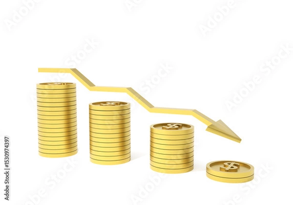Fototapeta Coins and financial symbols in recession direction on white background. 3D rendering
