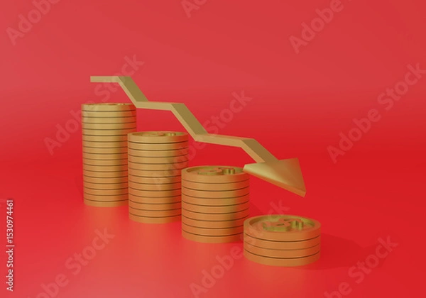 Fototapeta Coins and financial symbols in recession direction on red background. 3D rendering.