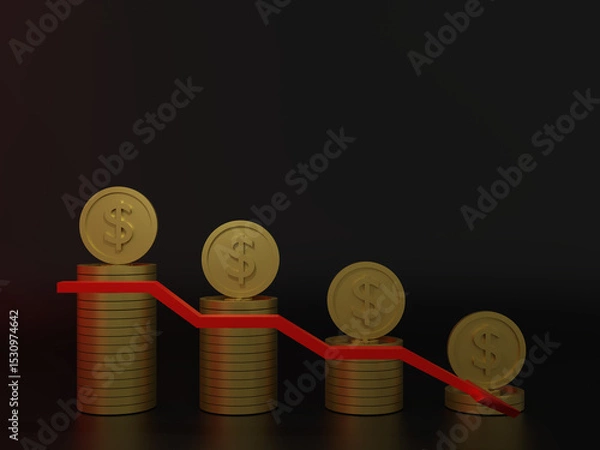 Fototapeta Coins and financial symbols, in the direction of the economic downturn, 3D rendering.