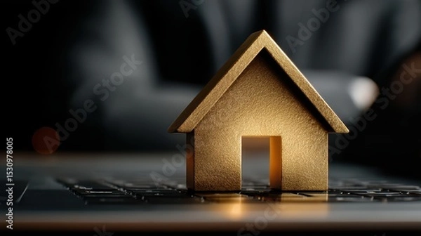Fototapeta Small house on laptop, embracing remote work, portable homes, and the digital nomad lifestyle