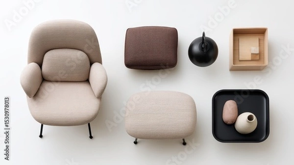 Fototapeta Minimalist interior design, a chair, table, and vase on white surface, exploring the beauty of simplicity in home decor.