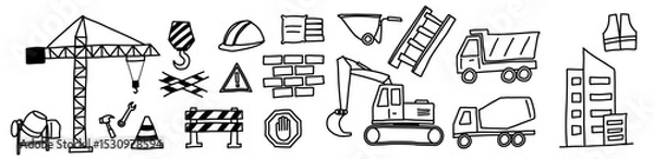Fototapeta hand drawing construction engineer doodle icon bundle, crane excavator, warning safety first civil work