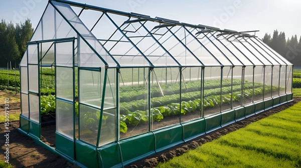 Fototapeta Morning view of a rural greenhouse made of plastic surrounding and metal frame. Modern way to make vegetables.