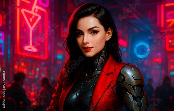 Fototapeta Cyber Assistant Kassandra – Beautiful futuristic female android in a red blazer with glowing neon bar background, combining elegance and technology.