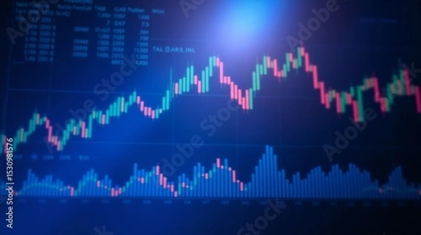 Fototapeta Financial data charts with glowing graphs on a dark background illuminated in blue tones