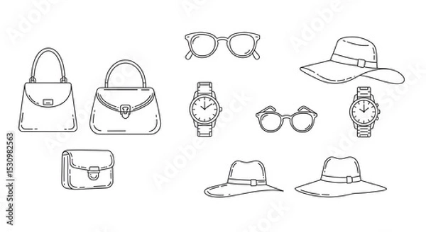 Fototapeta Collection of environmental and recycling outline icons, including solar panel, reusable bag, bicycle, and green energy symbols.