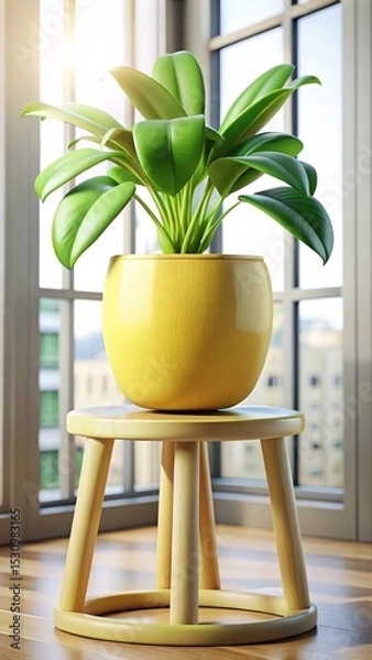 Fototapeta 3d render Indoor Green Plant in Yellow Pot on Wooden Stool Modern Home Décor for Natural Interior Styling and Minimalist Living Spaces
