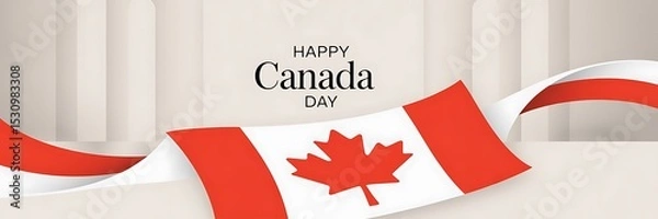 Fototapeta Happy Canada Day. banner with maple syrup and red ribbon. Canada Day Banner
