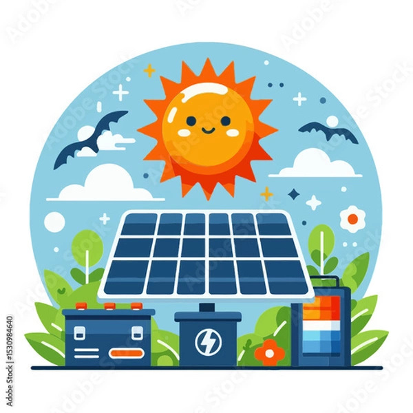 Fototapeta cute smiling sun above a solar panel and two batteries, with clouds and birds in a sky. Ideal for websites/blogs about solar energy, sustainability, green power, or environmental solutions.