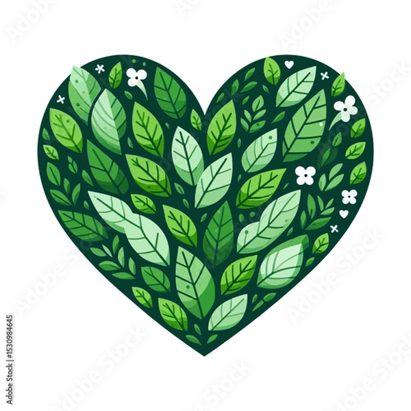 Fototapeta heart shape filled with various green leaves and small white flowers, symbolizing nature and health. Ideal for websites/blogs about ecology, environment, wellness, organic products, or sustainable