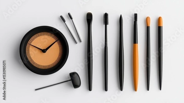 Obraz Black and Beige Makeup Brushes and Clock on White Background