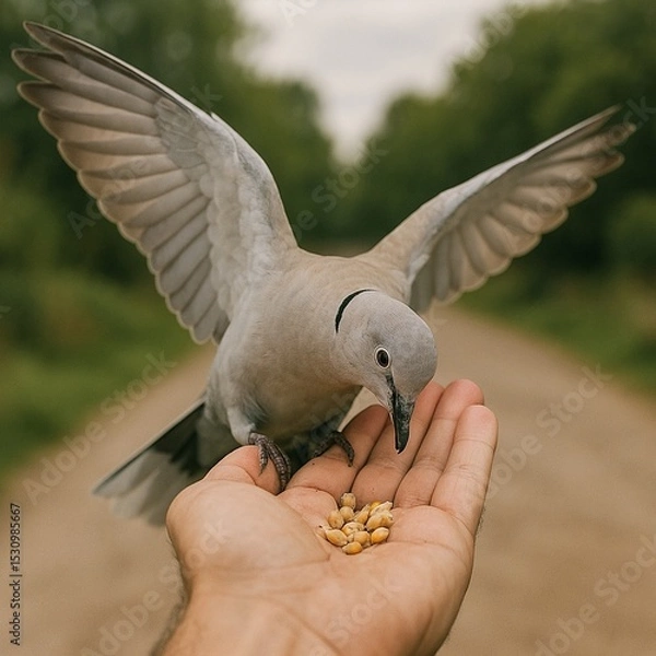 Fototapeta POV Eurasian collared dove taking food from my hand AI generated