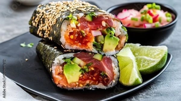 Fototapeta Fusion-style sushi burrito sliced to show tuna, salmon, avocado, and vegetables in tortilla with salsa and sesame seeds, served on black plate with lime, moody gourmet street food
