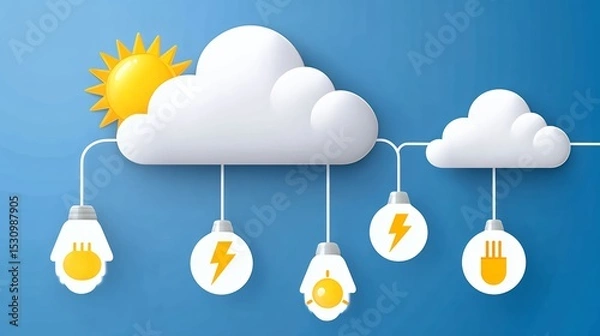Obraz Bright Yellow Sun and White Clouds Powering Lightbulbs on Blue Background