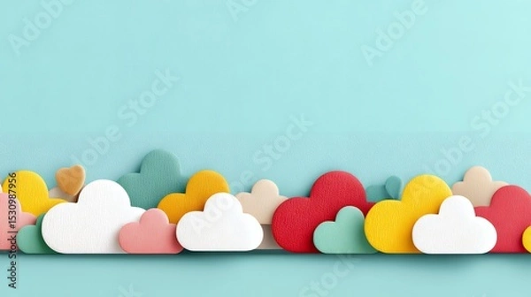 Obraz Colorful Pastel Hearts and Clouds on Light Blue Textured Background