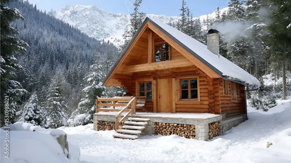 Obraz Cozy Log Cabin in Snowy Mountain Landscape