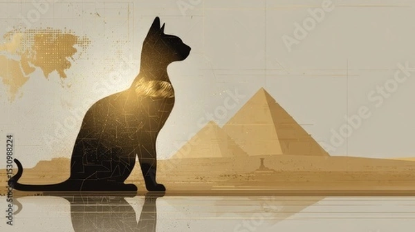 Obraz Silhouette of a sacred cat symbolizing Egypt with elements of the national flag in a golden desert landscape
