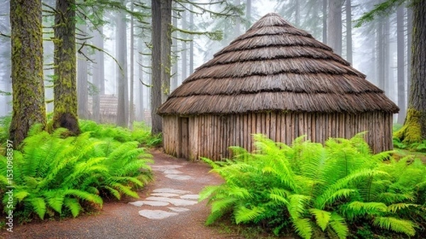 Obraz Mist Shrouds Thatched Hut in Lush Green Forest