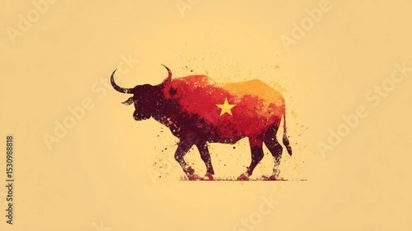 Obraz Water buffalo represents Vietnam with flag colors symbolizing culture and heritage in a vibrant silhouette