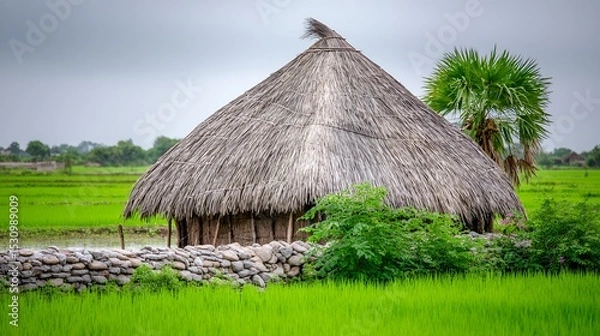 Obraz Thatched Hut in a Lush Green Rice Paddy Field