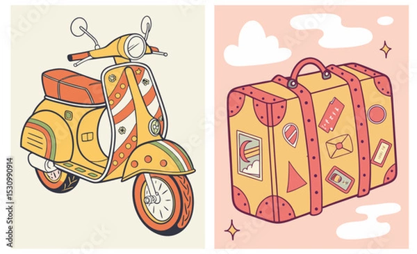 Fototapeta Set of two vector illustrations on the theme of travel: emodan with bright stickers, bright scooter, naive illustration, for adventure marketing and holiday promotions