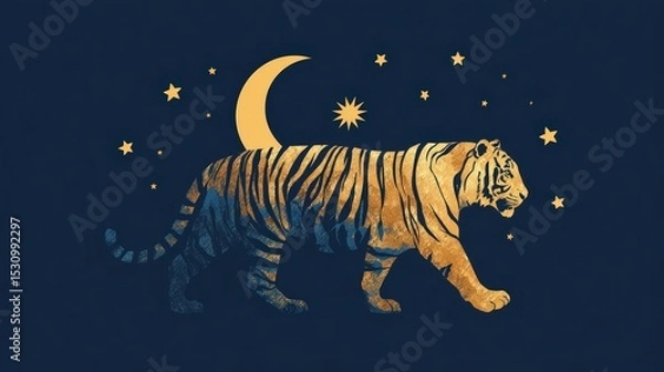 Obraz Silhouette of a tiger representing Malaysia with a night sky featuring stars and a moon