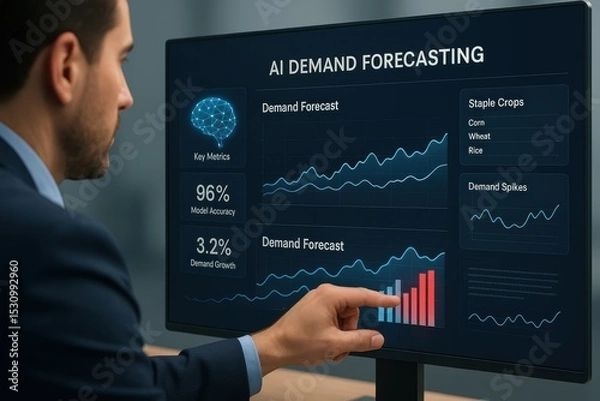 Fototapeta AI Demand Forecasting Dashboard with Graphs and Statistics for Market Analysis of Key Metrics
